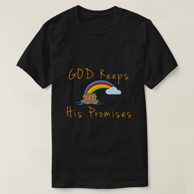 Camiseta Ark e Arco-Íris Deus mantém suas promessas Noah Re (Frente do Design)