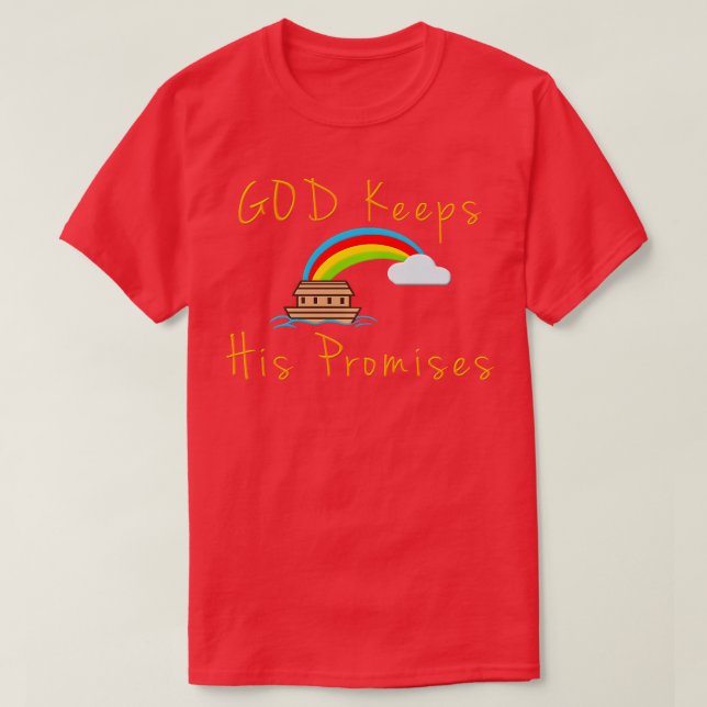 Camiseta Ark e Arco-Íris Deus mantém suas promessas Noah Re (Frente do Design)