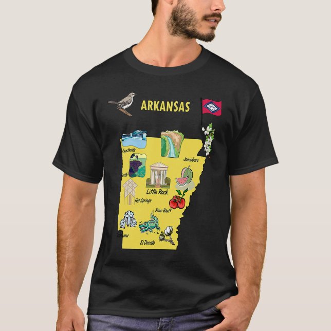 Camiseta Arkansas state map major cities Tourist Destinatio (Frente)