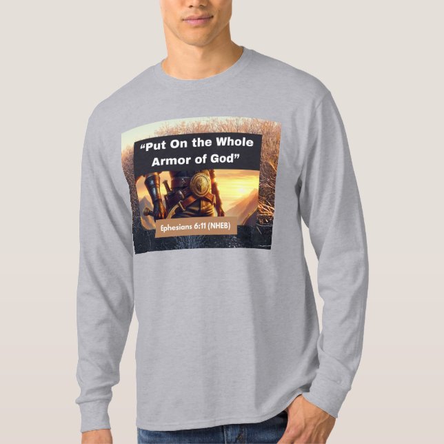 Camiseta Armadura completa de Deus - Camiseta-Cinza de long (Frente)