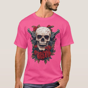 Camiseta Armas E Crânios Música Rochas Crânio Face Com Rosa
