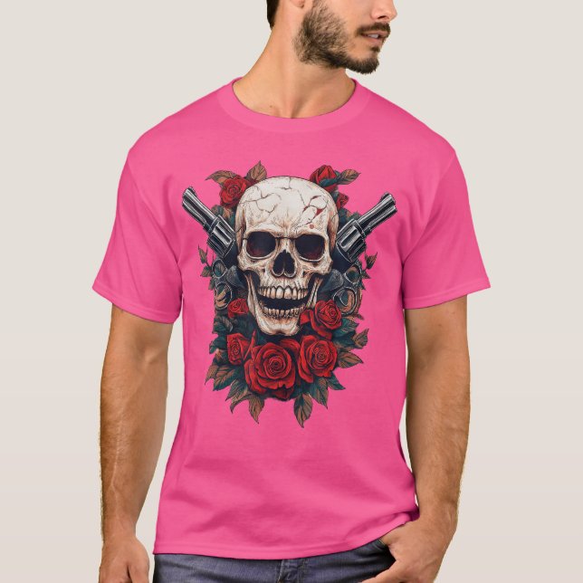 Camiseta Armas E Crânios Música Rochas Crânio Face Com Rosa (Frente)