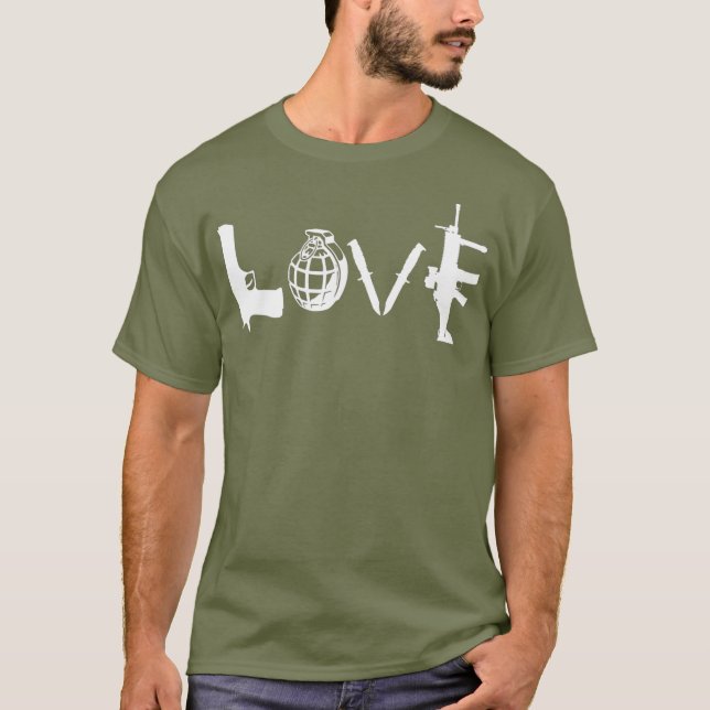 Camiseta Armas LOVE Armas Armas Grenadas Knives Assalto Rif (Frente)