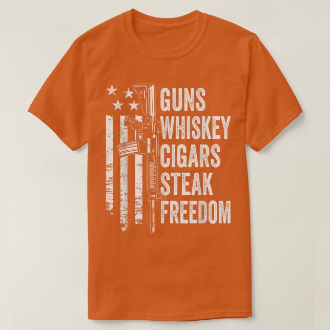 Camiseta Armas Whiskey Charutos Steak LiberdadeUSA Sinaliza (Frente do Design)