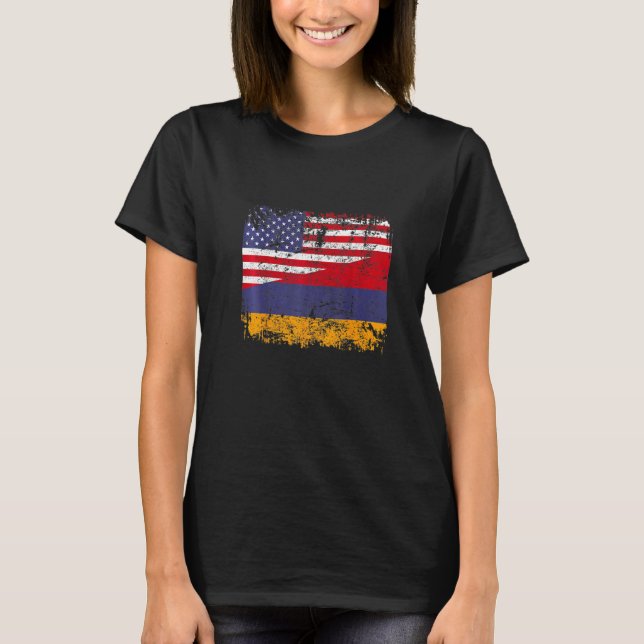 Camiseta ARMENIAN ROOTS Half American Flag USA ARMENIA FLAG (Frente)