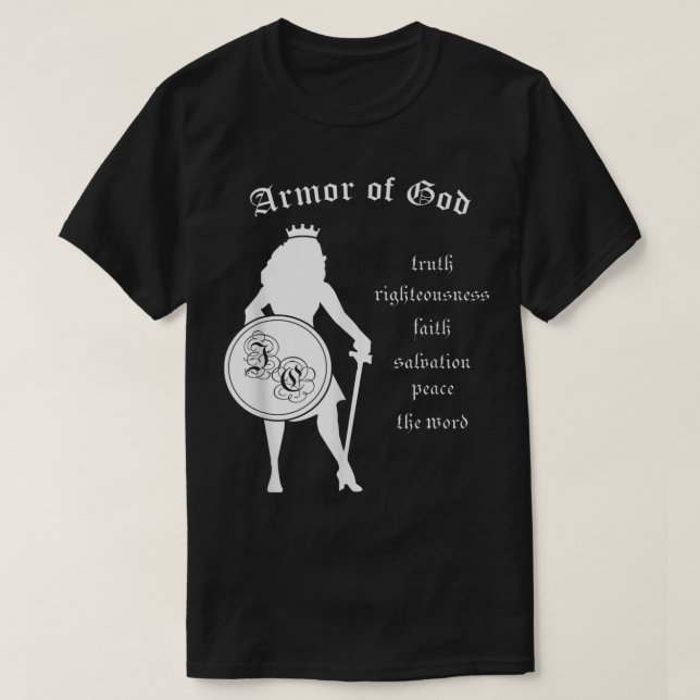 Camiseta Armor de Deus Forte Bíblia de escudo da mulher (Frente do Design)