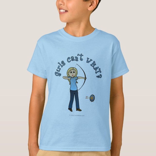 Camiseta Arqueiro Loiro de Mulheres em Azul (Frente)