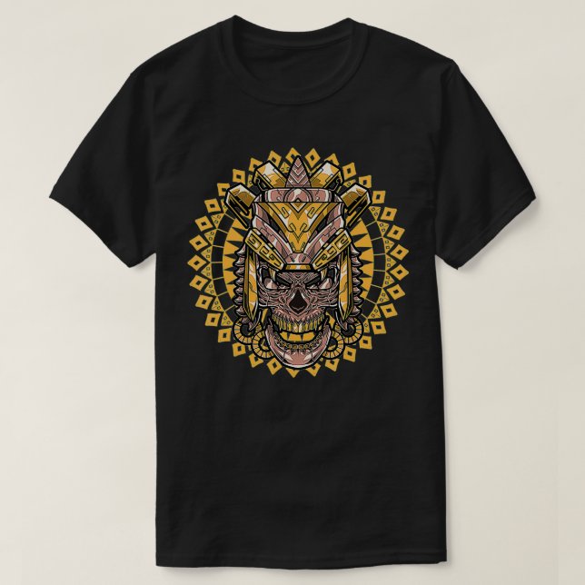 Camiseta Arqueologia de Nação do Guerreiro de Máscara Aztec (Frente do Design)