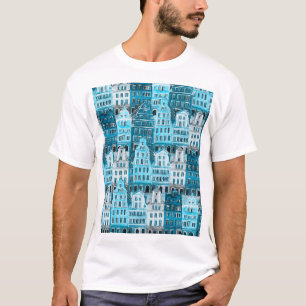 Camiseta Arquitetura de Amsterdã, textura azul de aquarela.
