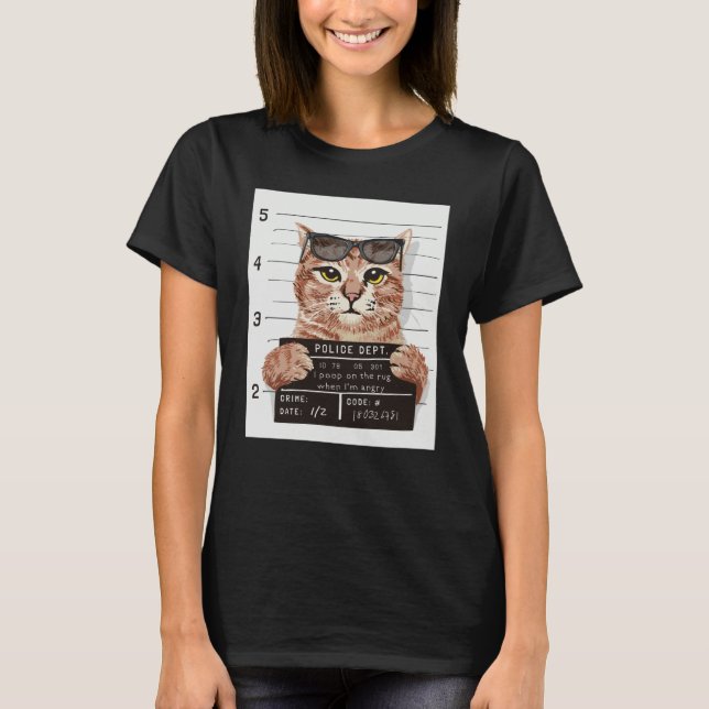 Camiseta Arrested Cat Mug Shot I Poop On The Rug (Frente)