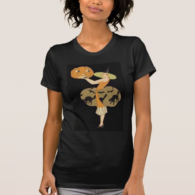 Camiseta Art Deco Witch Jack O Lantern Pumpkin Black Cat (Frente)