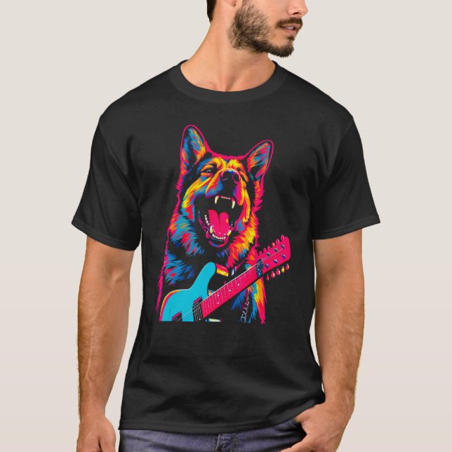 Camiseta Art German Shepherd Dog Guitarist (Frente)
