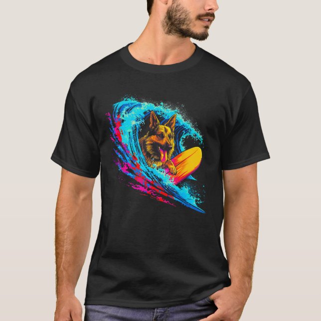 Camiseta Art German Shepherd Dog Wave Surf (Frente)