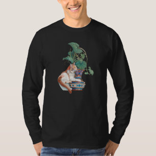 Camiseta Art Nouveau Cat Sentado Próximo à Planta Potente