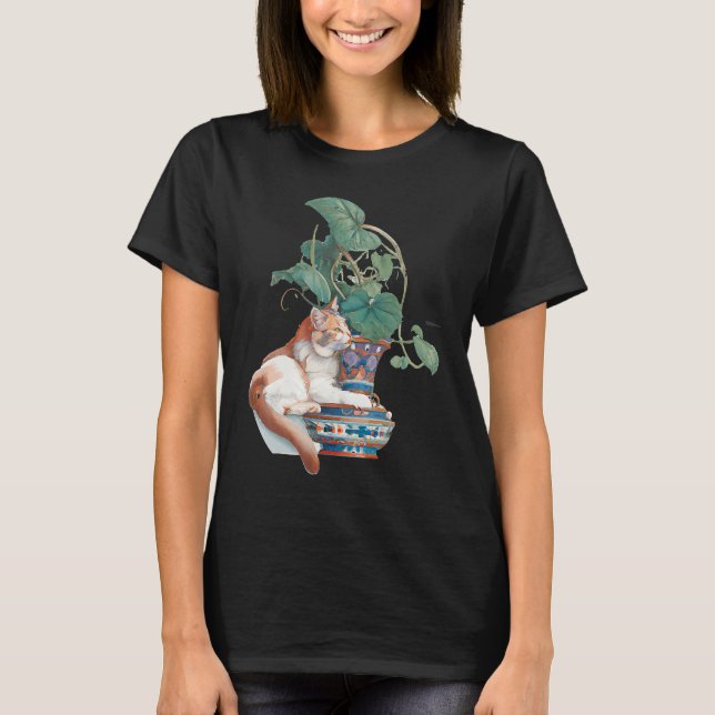 Camiseta Art Nouveau Cat Sentado Próximo à Planta Potente (Frente)