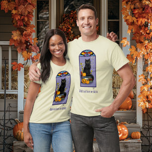 Camiseta Art Nouveau Gato Preto Abóbora Roxo Outono Amarelo