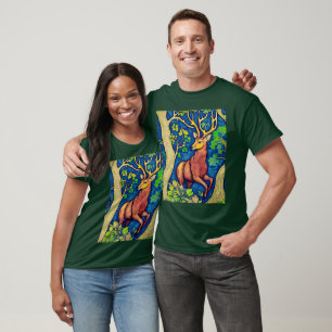 Camiseta Art Nouveau Stag em uma Floresta Fantástica