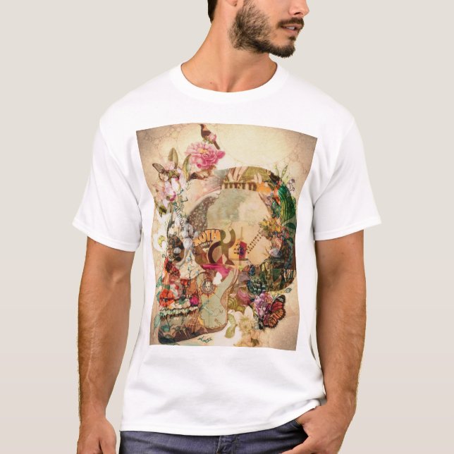 Camiseta Art Vintage Sugar Skull Flowers (Frente)