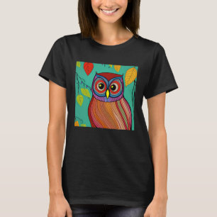 Camiseta Arte Abstrata Quirky Colorida de Coruja Folclórica