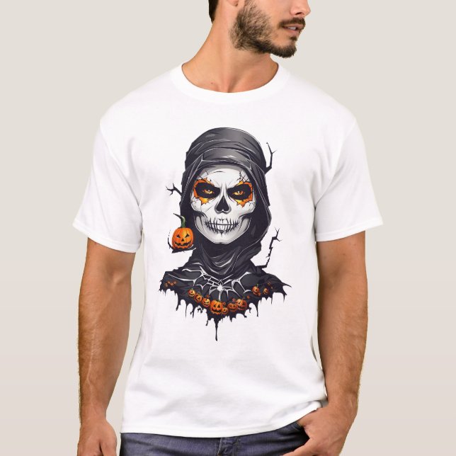 Camiseta Arte AI de Halloween, Esqueleto de Preto Fechado (Frente)