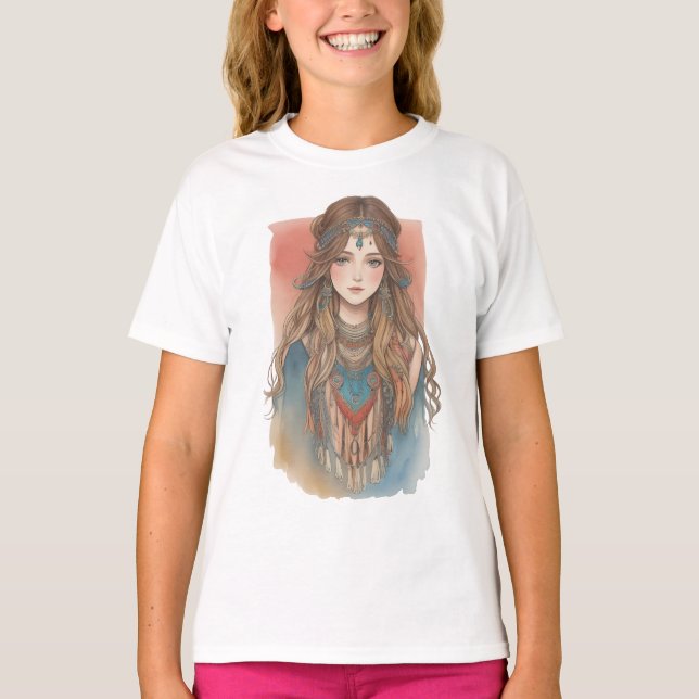 Camiseta Arte aquarela de uma jovem bonita (Frente)