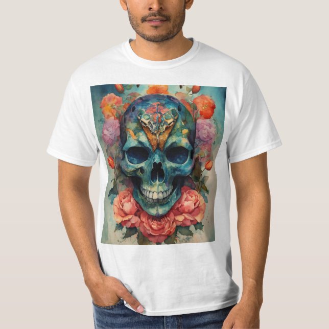 Camiseta Arte aquosa com crânios, mariposas e matizes negro (Frente)