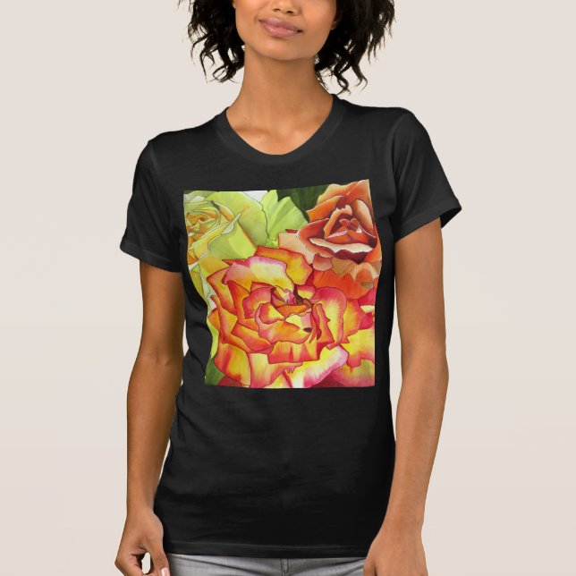 Camiseta Arte aquosa das rosas laranja e amarela (Frente)