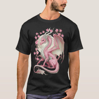 Camiseta Arte Asiático Flor de Cerejeira Dragão Chinês Vint