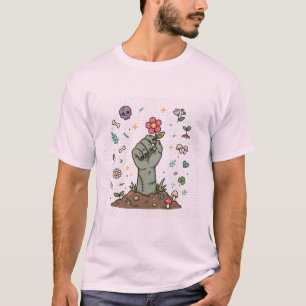 Camiseta Arte Assustadora Fofa de Mão de Zumbi com Flor