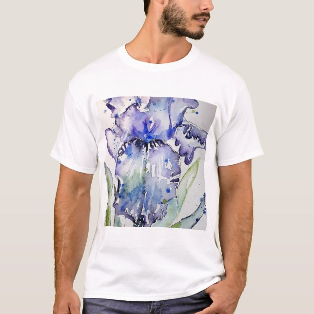 Camiseta Arte Azul Iris Flor Aquarela (Frente)