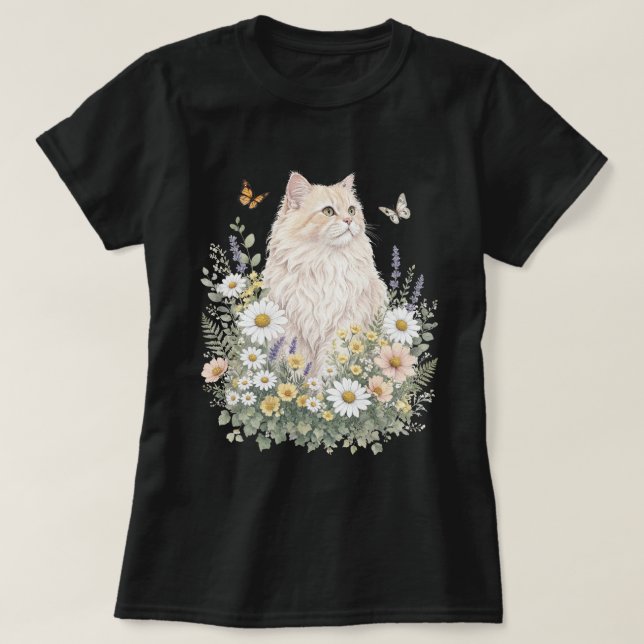 Camiseta Arte Botânica de Flor Silvestre de Gato Creme (Frente do Design)