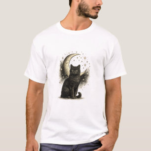 Camiseta Arte Celestial de Gato Preto Místico Elegante