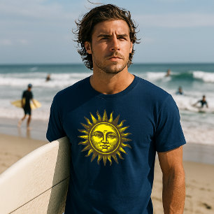 Camiseta Arte Celestial Rosto Solar Estilo Xilogravura Retr