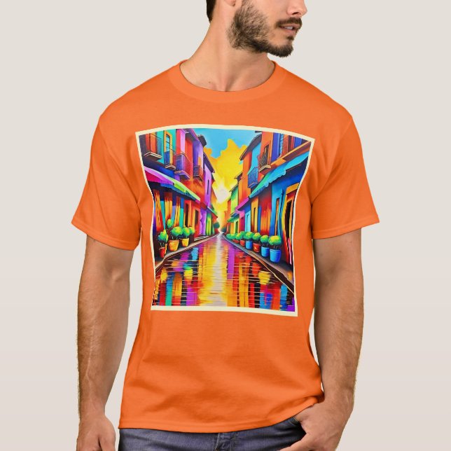 Camiseta Arte Colorida da Cena de Rua (Frente)