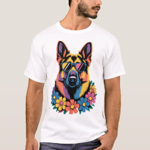 Camiseta Arte Colorida de Cachorro com Flores e Tons