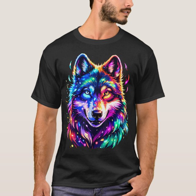 Camiseta Arte Colorida de Lobos Animais (Frente)