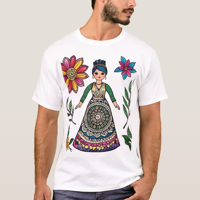 Camiseta Arte Colorida - Desenho do Padrão Espiritual de Fl (Frente)
