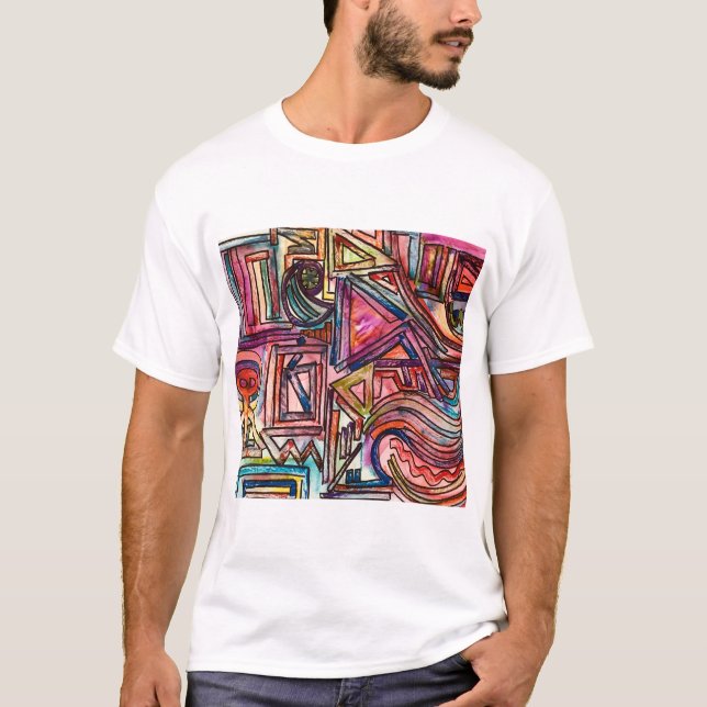 Camiseta Arte com Abstrato de Aquarela Dinâmica Pintada à M (Frente)
