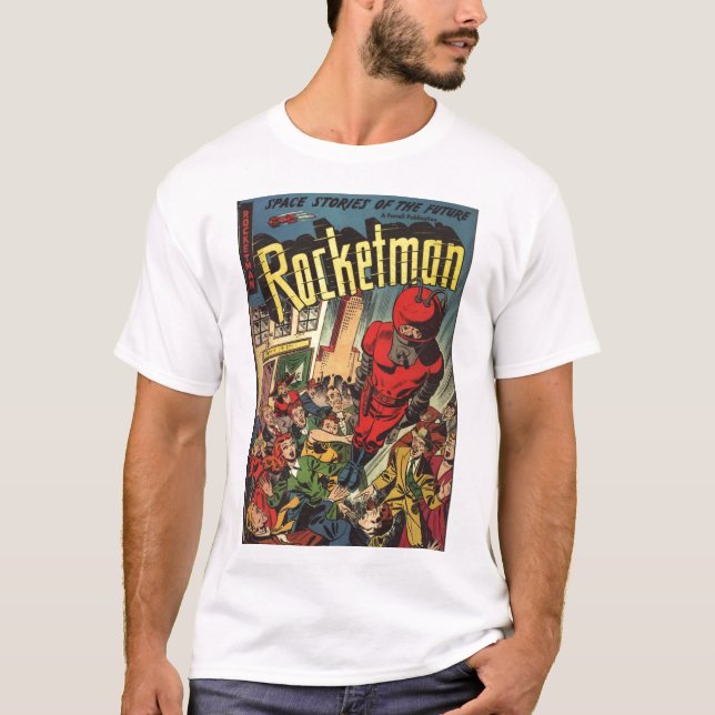 Camiseta Arte cómica da época dourada - Rocketman (Frente)