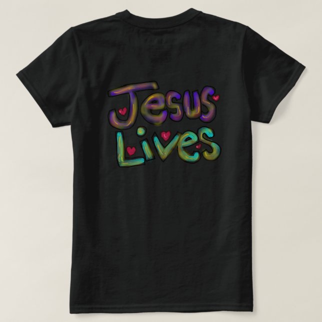 Camiseta Arte Cristã Desenhada à Mão Jesus Vive  (Verso do Design)
