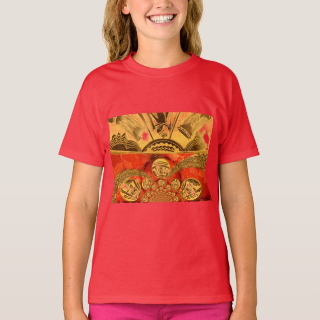 Camiseta Arte Cultural Africana: Design Vermelho Ouro Rico (Frente)