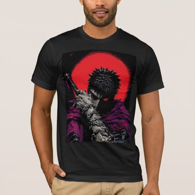 Camiseta Arte da Espada da Lua Vermelha do Guerreiro Anime  (Frente)