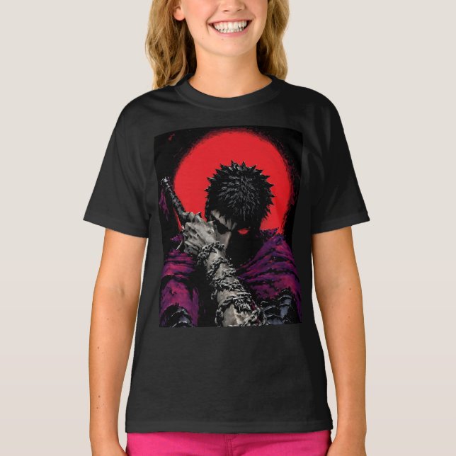 Camiseta Arte da Espada da Lua Vermelha do Guerreiro Anime (Frente)