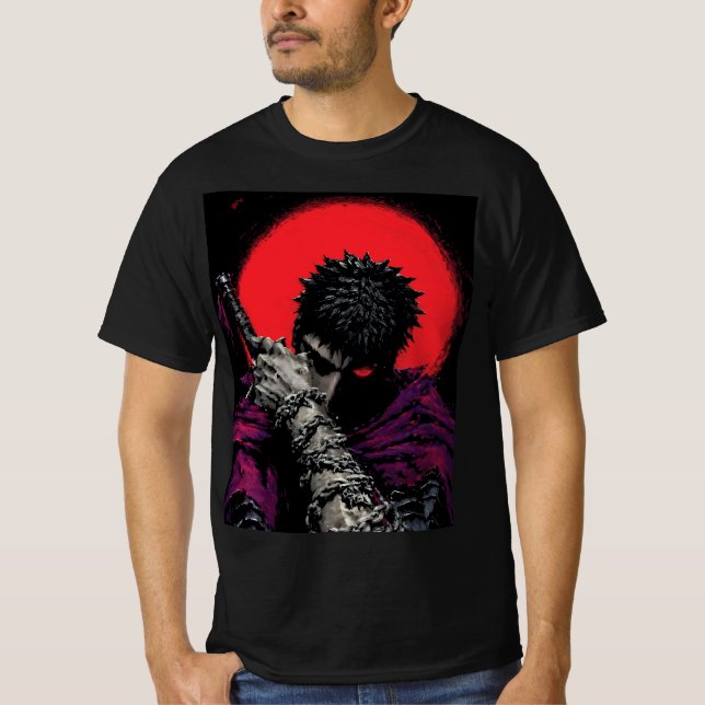 Camiseta Arte da Espada da Lua Vermelha do Guerreiro Anime (Frente)