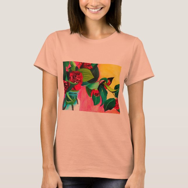 Camiseta Arte da flor Red Camellias (Frente)
