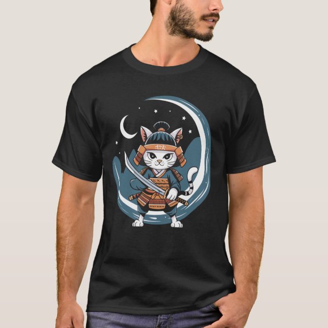 Camiseta Arte da Lua Cheia do Guerreiro Gato Samurai (Frente)