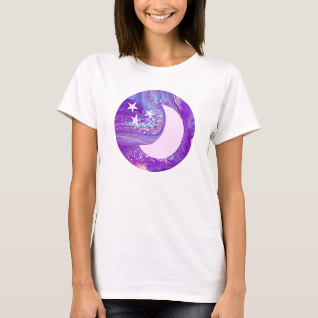 Camiseta Arte da Lua e Estrelas do Círculo Inverso Pastel (Frente)