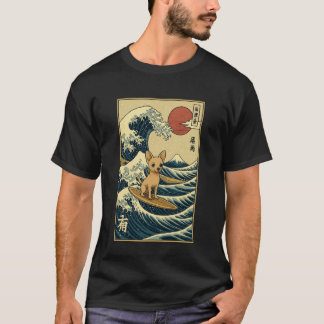 Camiseta Arte da Onda do Pôr do Sol do Monte Fuji Cão de Su