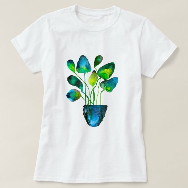 Camiseta Arte das plantas aquáticas verde e azul abstrato T (Frente do Design)