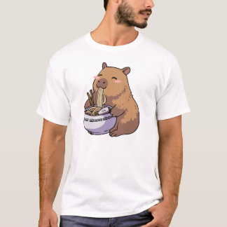 Camiseta Arte de Anime de Capivara Kawaii Comendo Macarrão